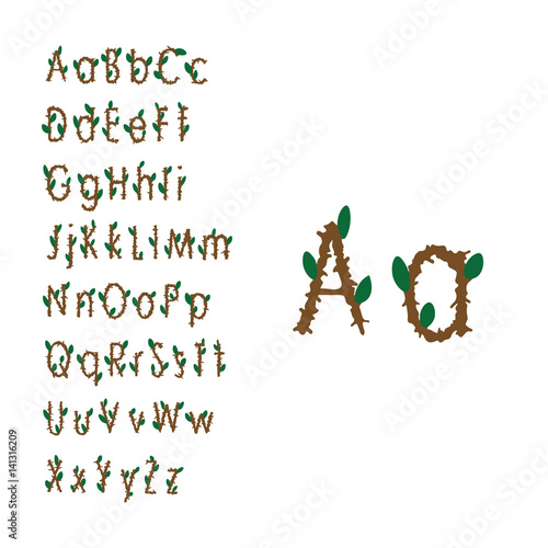 Spring letters of the alphabet. Twigs with leaves.