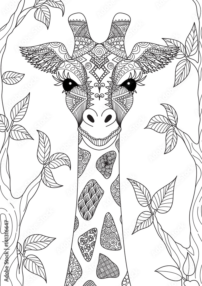 Fototapeta premium Line art design of giraffe for adult coloring book page and design element. Stock Vector