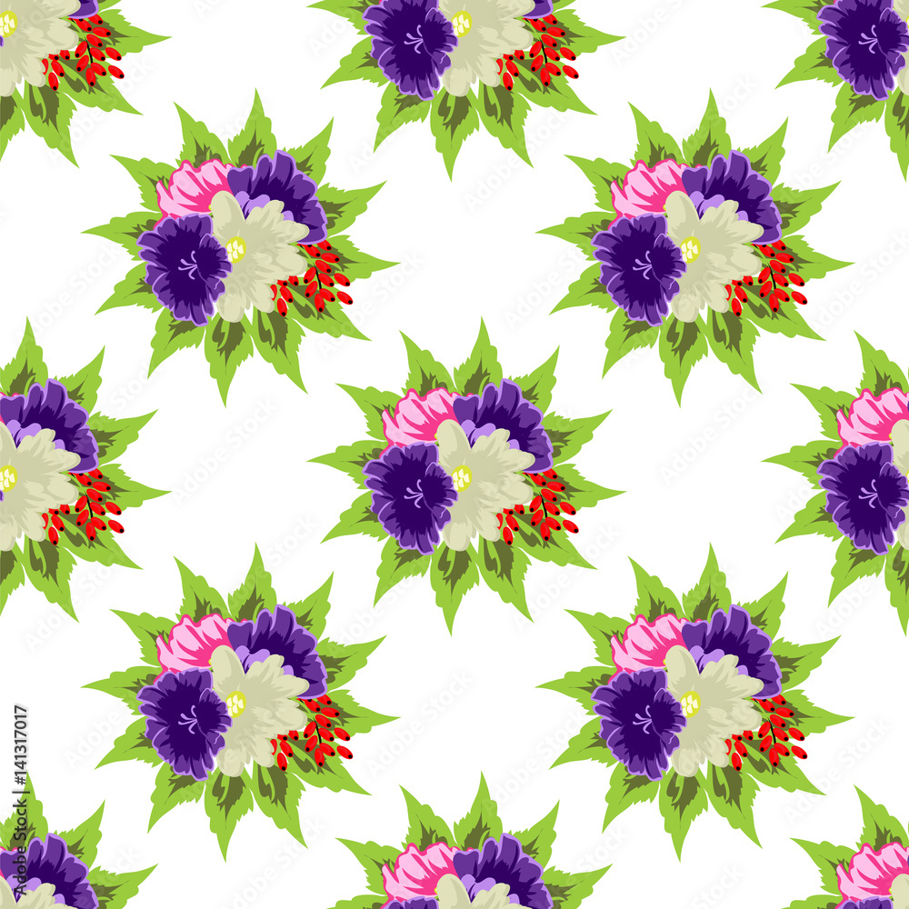Vintage seamless pattern with cute flowers, berries and  leaves. Hand-drawn floral background for textile, cover, wallpaper, gift packaging, printing, scrapbooking.Romantic design for calico.