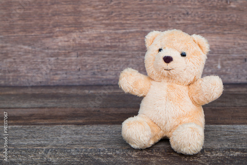 Teddy Bear toy alone on wood