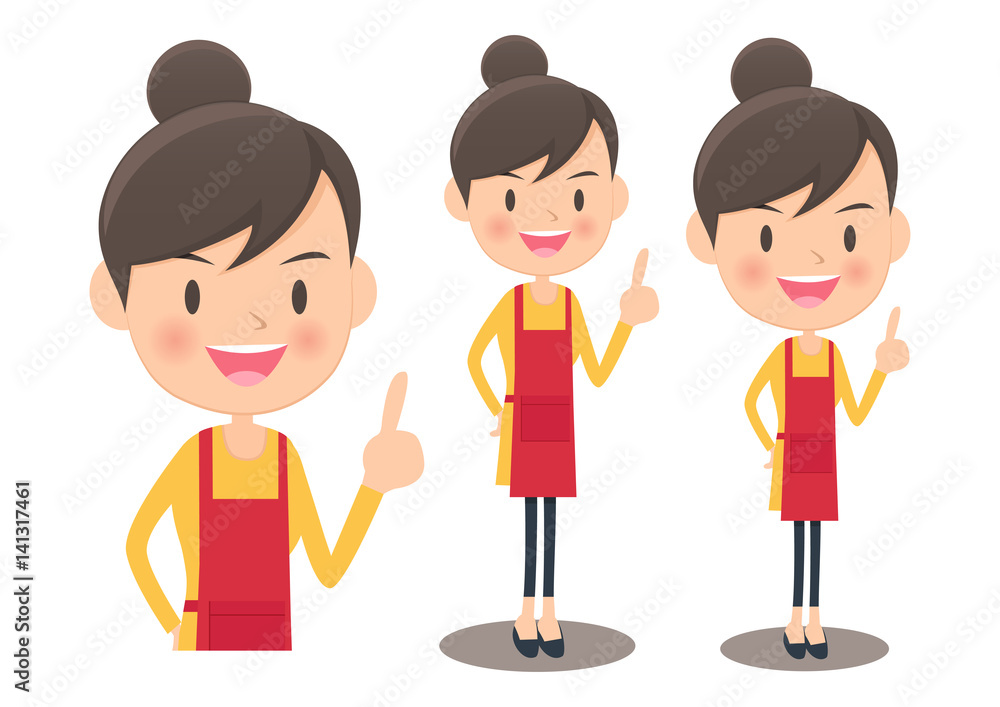 人差し指を立てるエプロン姿のアジア人女性