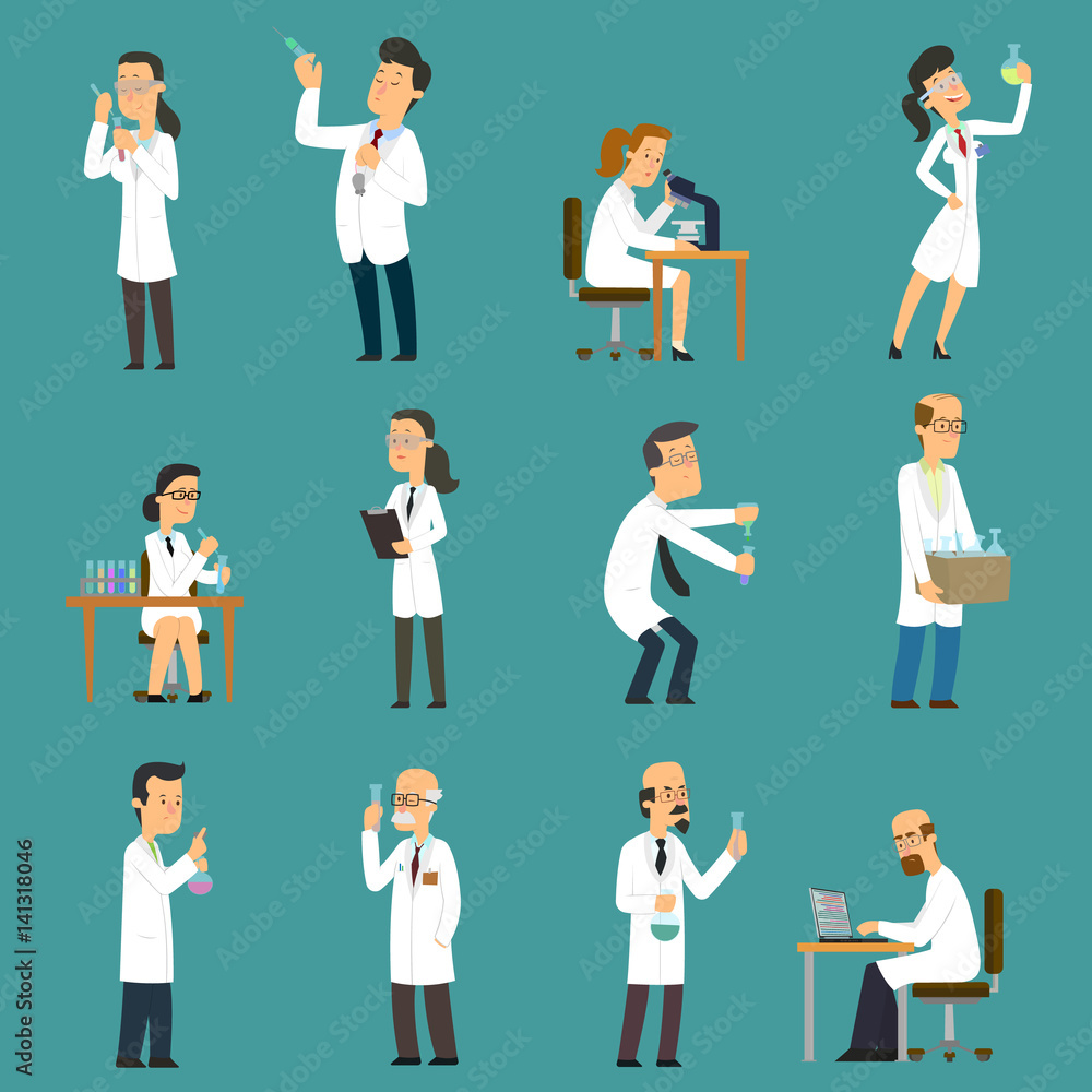 Scientists characters set with male and female people in laboratory.