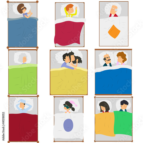 people are sleeping in their beds in different poses.