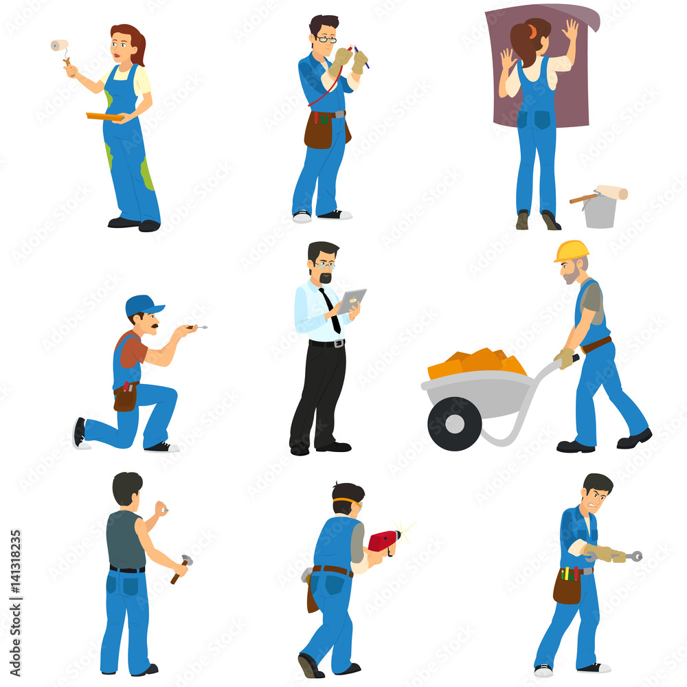 builders of different professions isolated on white background. vector illustration. builders of different professions isolated on white background. vector illustration.