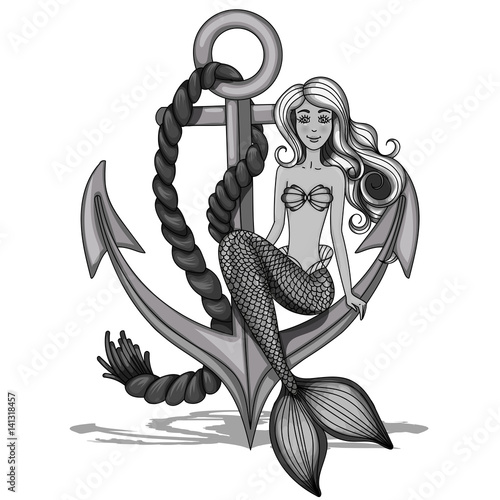 Sweetheart mermaid girl sitting on the anchor.