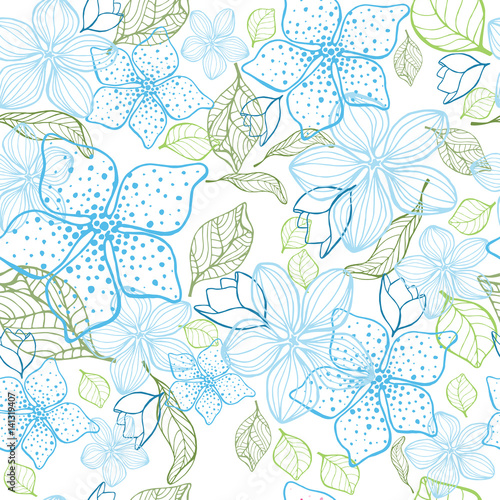 Elegant flower seamless background. Blue set. Hand drawn vector illustration