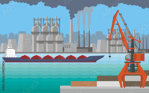 Sea landscape with the image of a harbour dock, ships and seaside industrial city. Vector background  