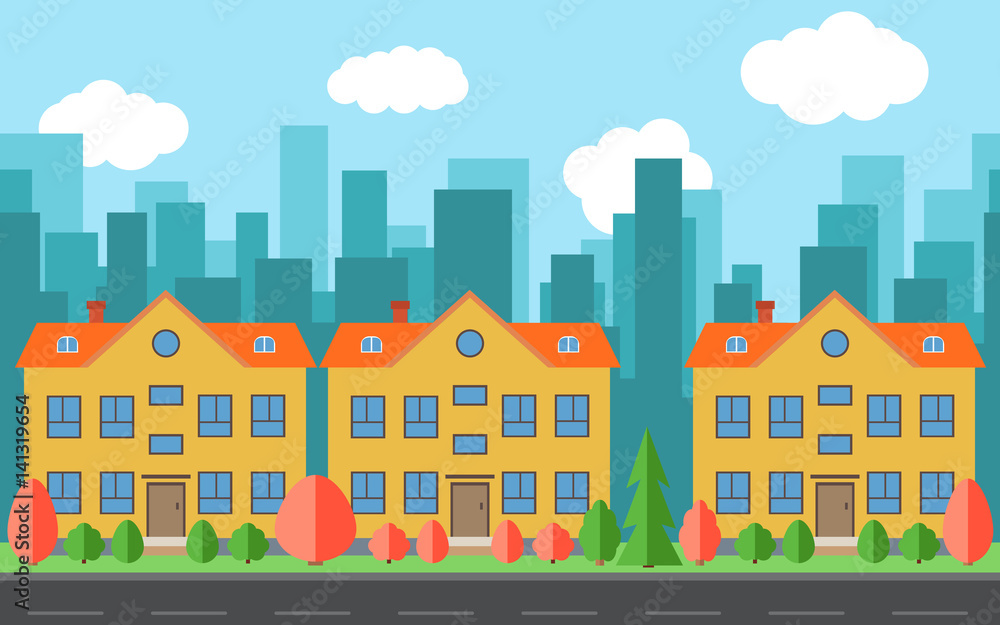 Vector city with three cartoon buildings. Summer urban landscape. Street view with road and cityscape on a background
