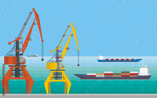 Sea landscape with the image of a harbour dock and  cargo ships .