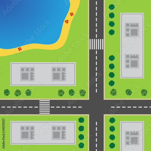 Plan Of City. Top view of the city with the road, crossroad, high-rise buildings, trees,  shrubs and the beach.

