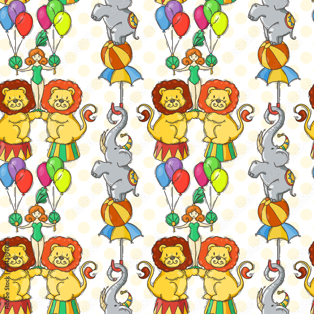 Fototapeta premium Doodle seamless pattern with circus animals and artists.