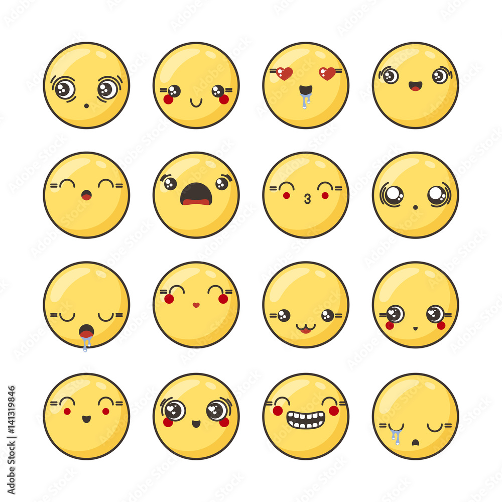 Set of cute lovely kawaii emoticon. Set of cute lovely kawaii emoticon.