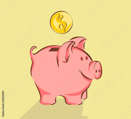Piggy bank and dollar, vector illustration, cartoon style