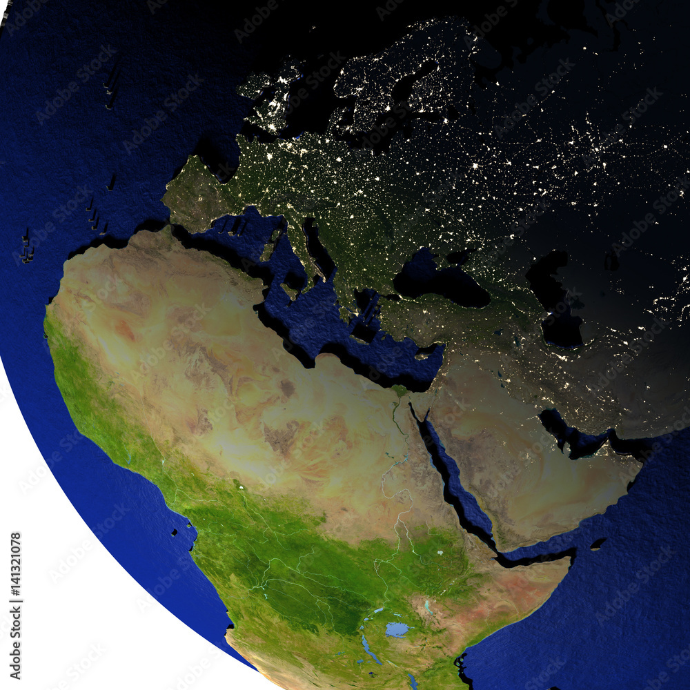 EMEA region at night on model of Earth with embossed land Stock ...