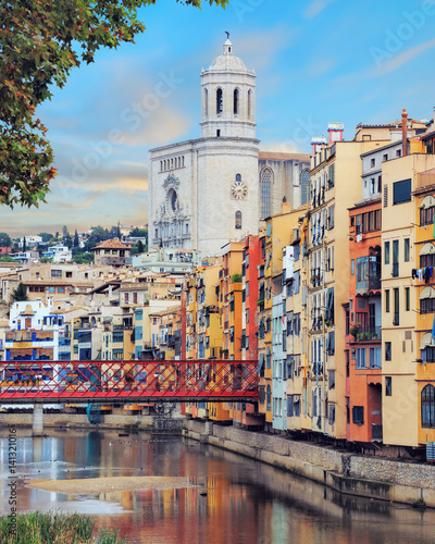 Canvas Print historical jewish quarter in Girona with Eiffel Bridge at sunrise, Barcelona, Sp