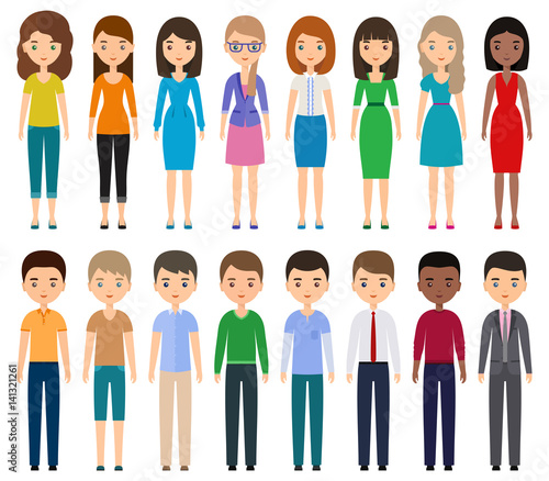 Characters flat people. Vector young men, women in casual and business clothes standing together. Cartoon female, male isolated on white background.