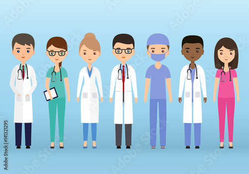 Medical characters flat people. Doctors and nurses standing together. Vector. Hospital staff. Medicine concept.