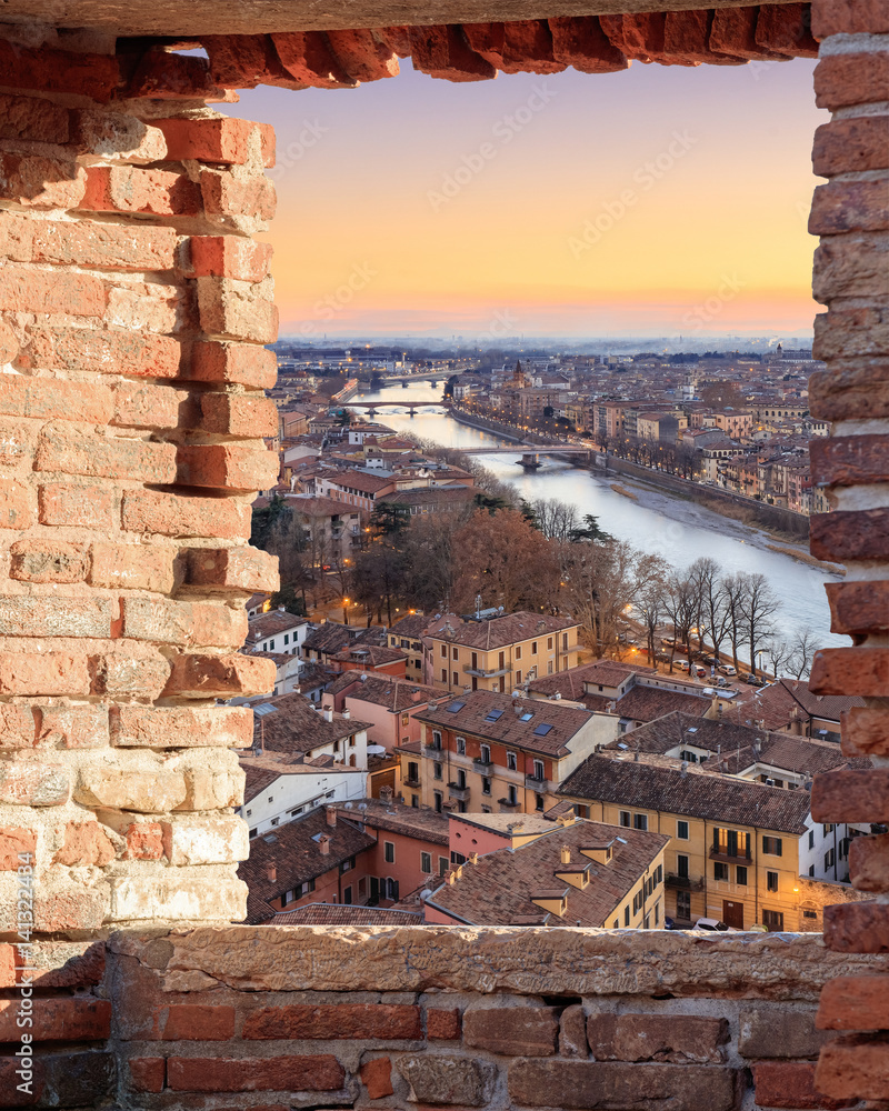 Verona historical quarter from viewpoint at sunset, Italy