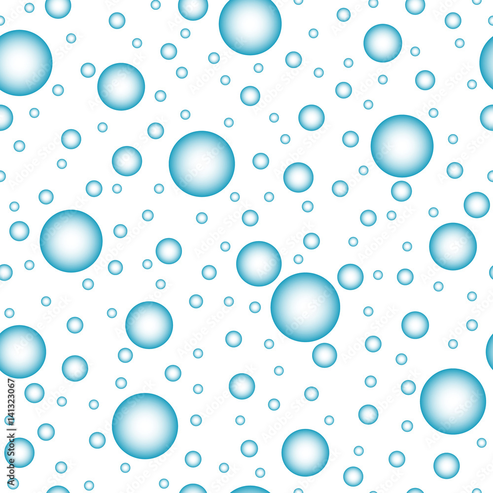 Vector seamless pattern. Blue transparent soar bubbles on white. Abstract background.