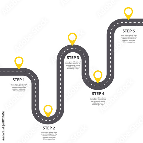 Infographic template. Five steps Winding asphalt road with pin-pointers. Vector EPS 10
