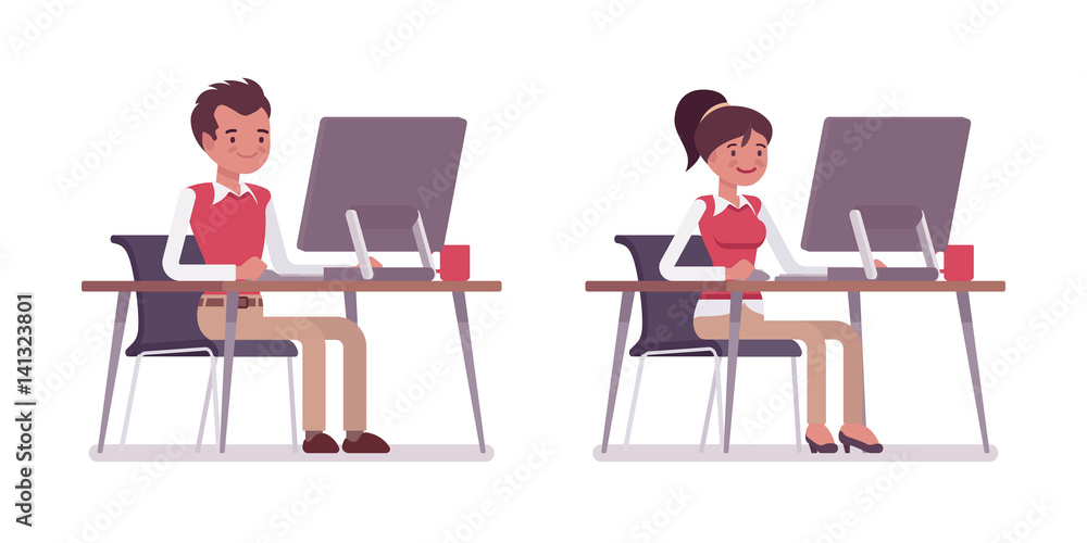Set of male and female office worker sitting at the desk Set of male and female office worker sitting at the desk