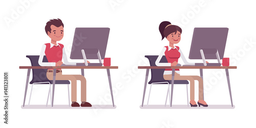Set of male and female office worker sitting at the desk