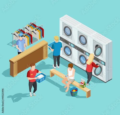 Self Service Laundry Facility Isometric Poster