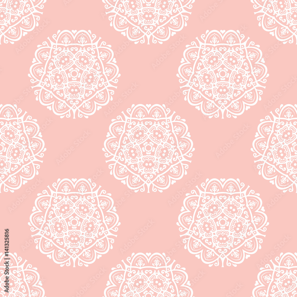 Seamless baroque pink and white pattern. Traditional classic orient ornament Seamless baroque pink and white pattern. Traditional classic orient ornament
