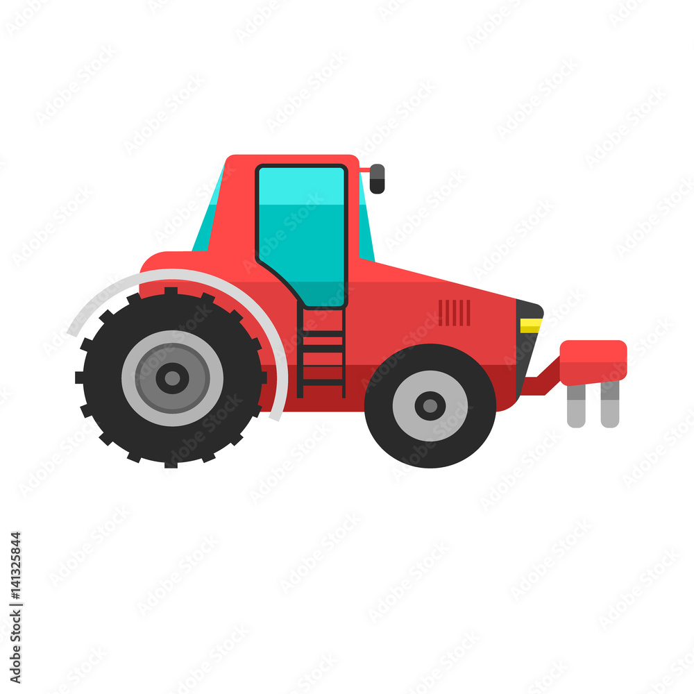 Type of agricultural vehicle red tractor or harvester machine combine icon with accessories for plowing mowing, planting and harvesting vector illustration.
