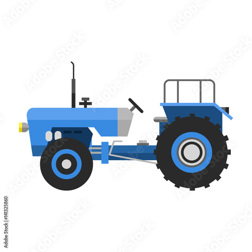 Type of agricultural vehicle blue tractor or harvester machine combine and icon with accessories for plowing mowing, planting and harvesting vector illustration.