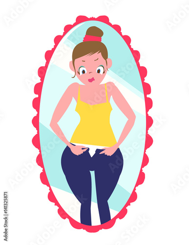 Girl trying to wear tight jeans. Weight gain.