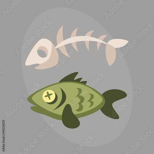 Fish bone garbage for recycling graphic wild cartoon sea skull life design and dead floating water pollution vector illustration.