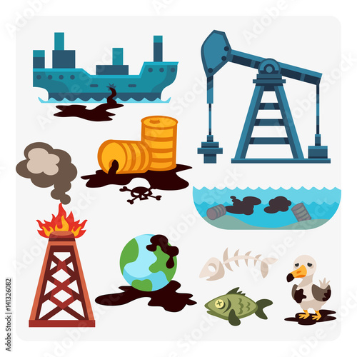 Ecological problems environmental oil pollution of water earth air deforestation destruction of animals mills factories forest protection vector illustration.