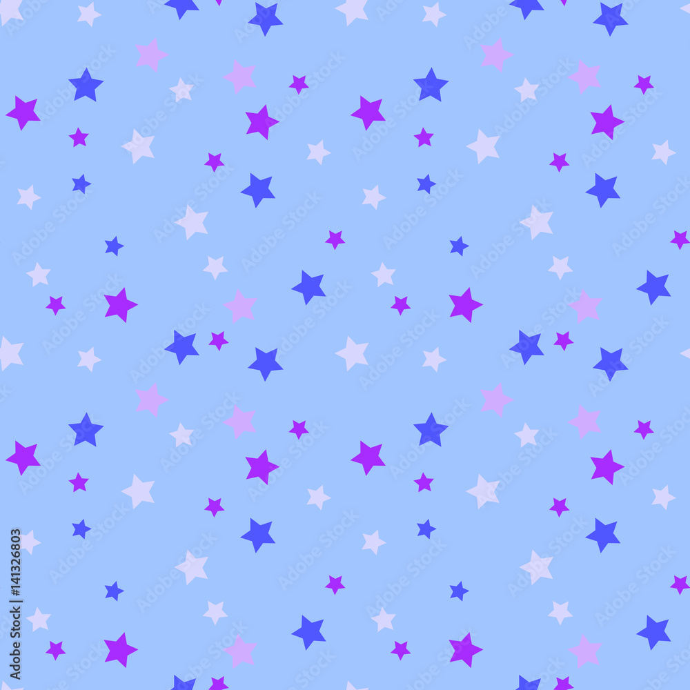 Seamless pattern with blue and violet stars onlight blue background. Vector illustration.
