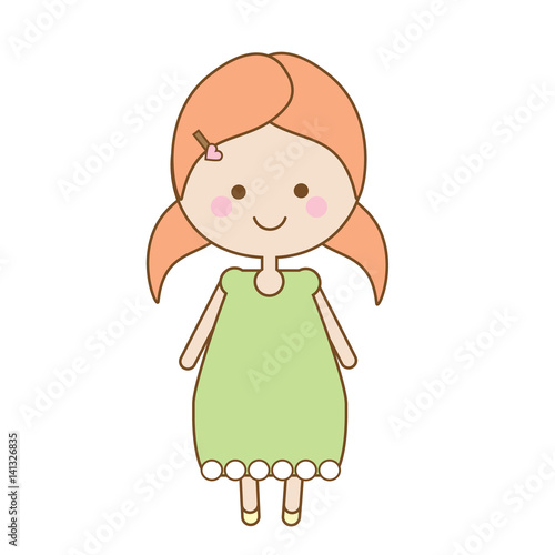 Cute smiling girl character. Sweet cartoon little kid in summer dress