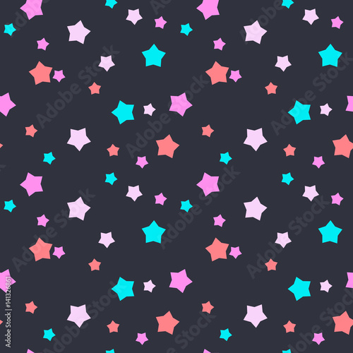 Seamless vector pattern with mint, pink and blue stars on dark grey background. Background for dress, manufacturing, wallpapers, prints, gift wrap and scrapbook. 
