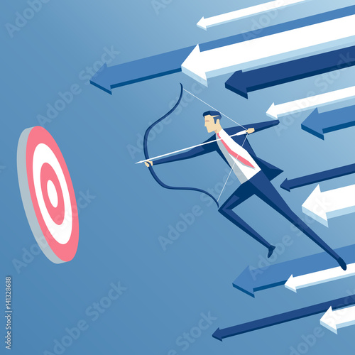 Businessman archer in jump shoots  at a target with arrow on background. Business concept the goal and success