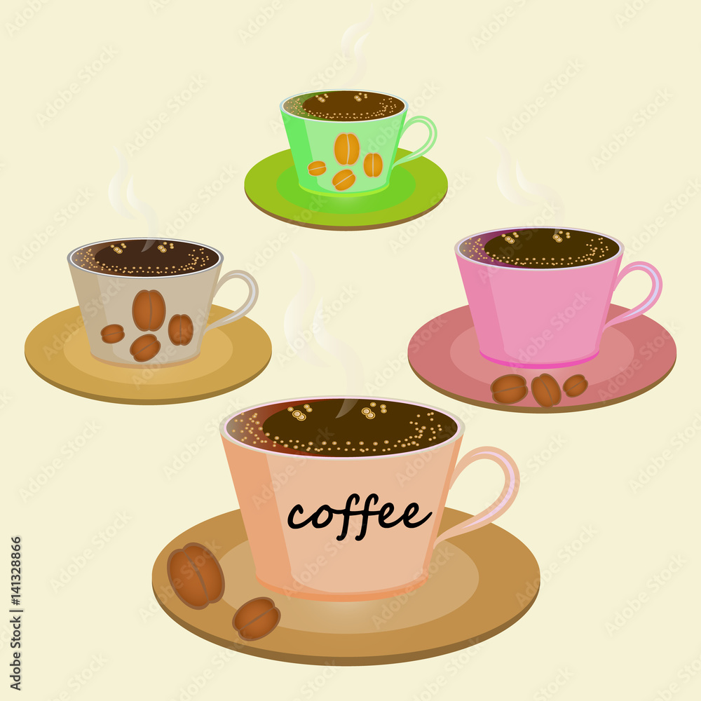 Obraz premium set of cups on saucers with coffee and coffee beans