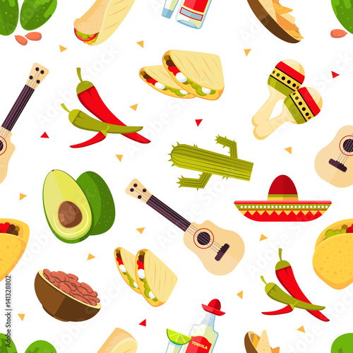 Aztec theme, cartoon mexican food, tequila, red hot chili peppers, sombrero, guitar, tacos, cactus vector seamless pattern