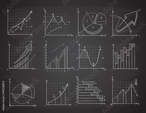 Hand drawing business statistics data graphs, social charts, chalk diagram on blackboard vector set