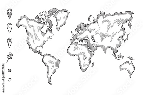 Fototapeta Naklejka Na Ścianę i Meble -  Hand drawn, rough sketch world map with doodle pins