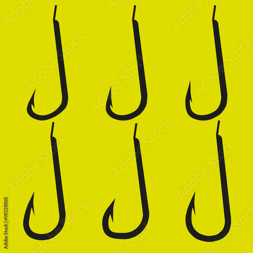 set of fishing hooks of different shapes on a yellow background
