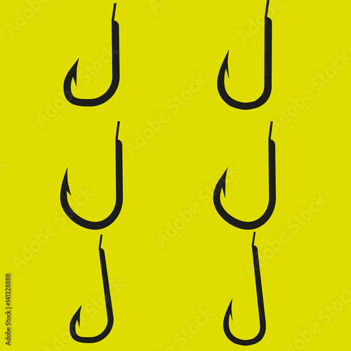 set of fishing hooks of different shapes on a yellow background