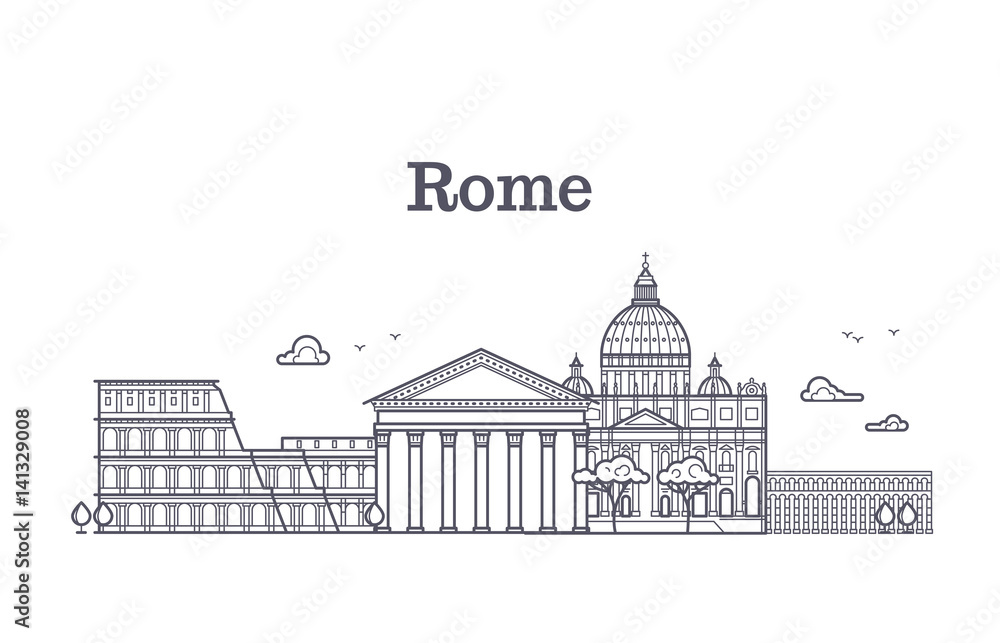 Italy rome architecture, europe skyline vector linear collection