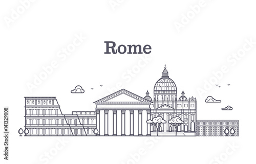 Italy rome architecture, europe skyline vector linear collection