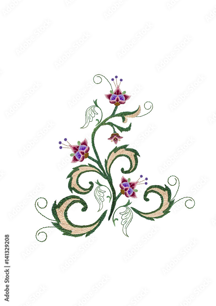 Embroidery stylized branch with red and purple flowers and twisted leaves on white background
Embroidery stylized branch with red and purple flowers and twisted leaves on white background