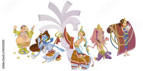 Set of isolated Indian Gods meditation in yoga poses lotus and Goddess hinduism religion, traditional asian culture spiritual mythology, deity worship festival vector illustrations, T-shirt concepts