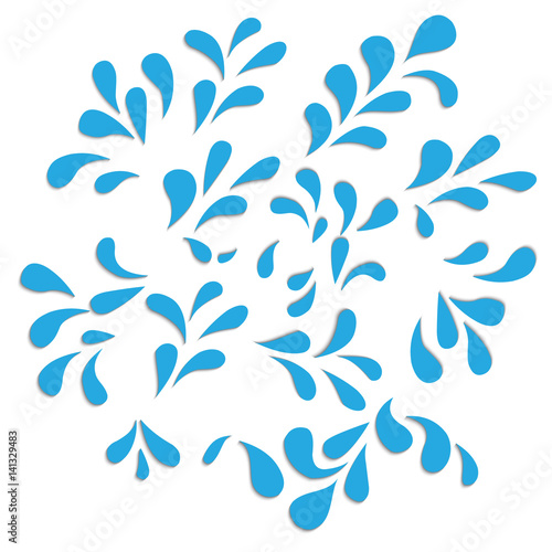 Abstract pattern in the circle of stylized leaves and drops of blue on a white background.