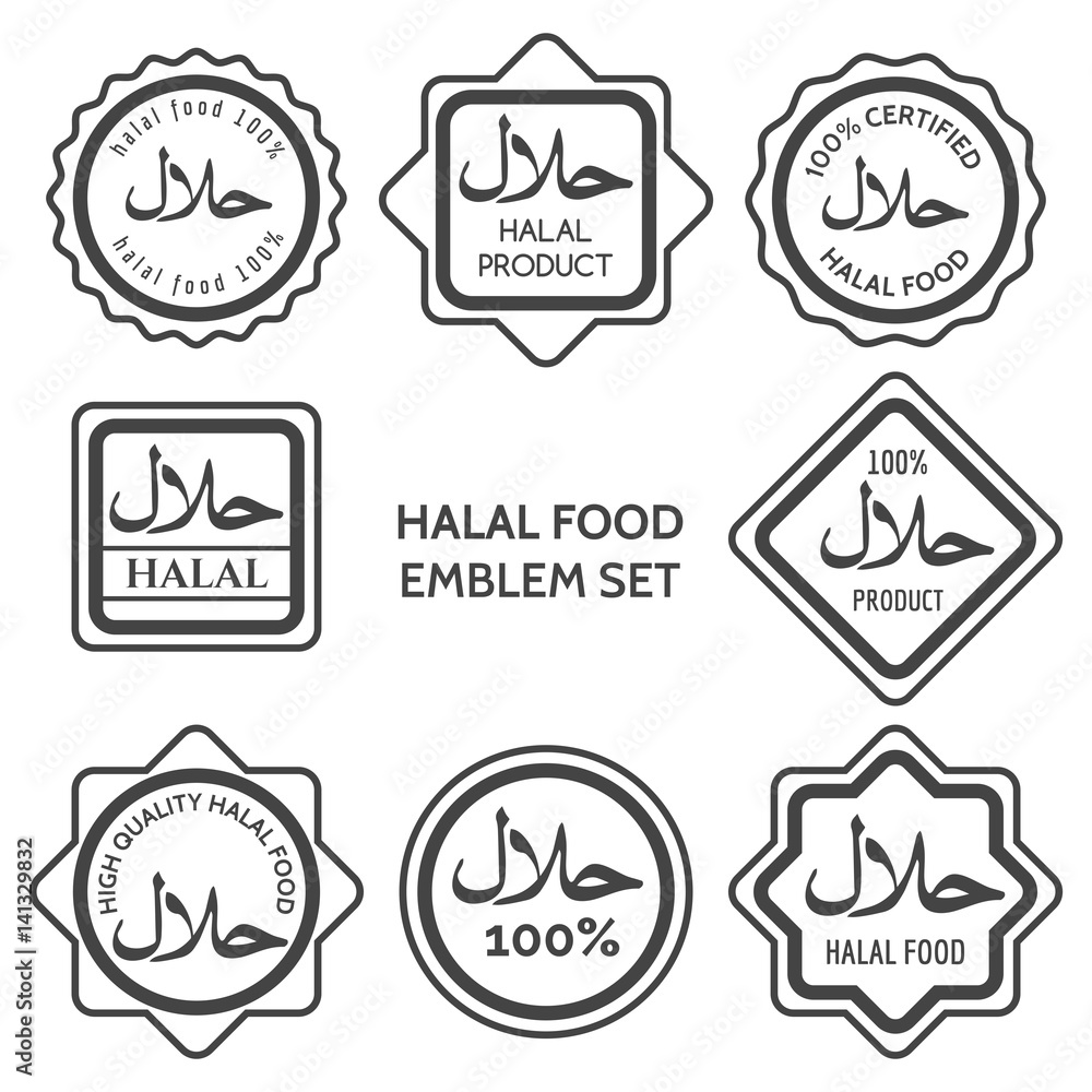 Halal food product labels. Islamic kosher certified arabic meal emblem templates. Vector illustration