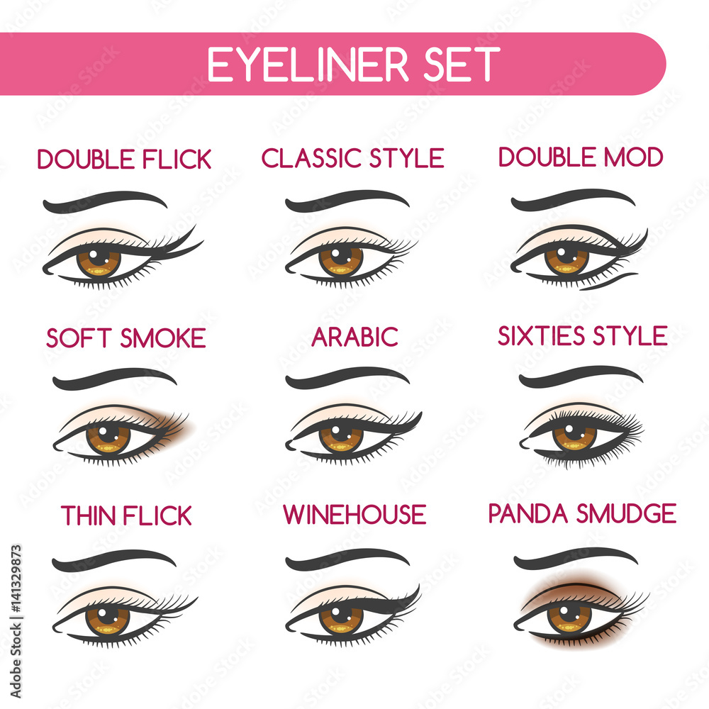 Eyeliner set vector illustration. Woman eyes makeup, shape of female  eyebrows, eyelashes and smokey eye shadows Stock Vector | Adobe Stock